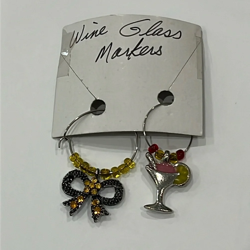 Wine Glass Markers Yellow Rhinestone Bow Cocktail Silver Tone Set of 2 OS
